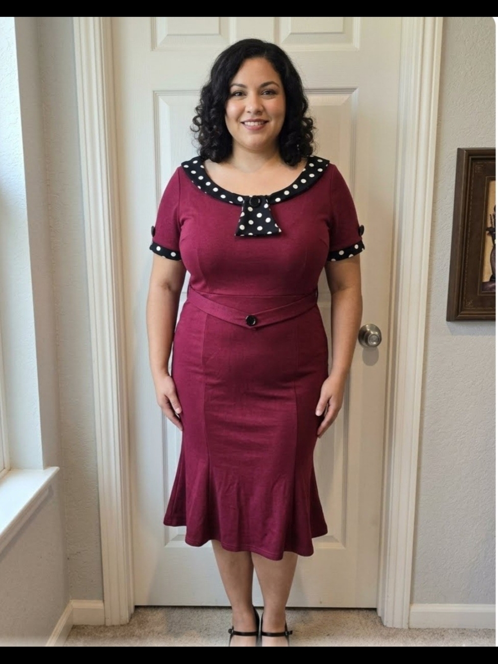 Vintage-style Maroon Cocktail Dress Sailor Collar with white Polka Dots Retro